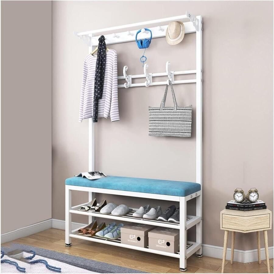Vrijstaande industriële kapstok met schoenbankhaken en antislip voetkussen slaapkamer hal woonkamer organizer max. belasting 150 kg wit 80 x 33 x 170 cm kapschuur