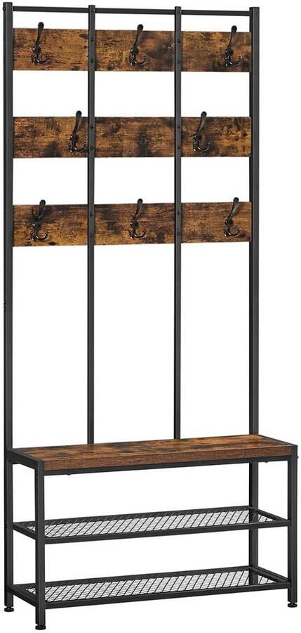 Vrijstaande kapstok en opbergrek met 8 dubbele haken schoenenbank en 2 gaasplanken. Gemaakt van een stevig en duurzaam metalen frame geschikt voor slaapkamer hal en entree 84 x 30 x 184 cm bruin + zwart