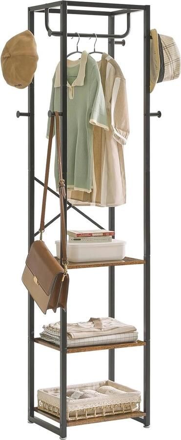 Vrijstaande Kapstok met 3 Planken en 8 Haken Industrieel Design voor Hal Slaapkamer en Entree 180x40x30 cm Rustiek Bruin