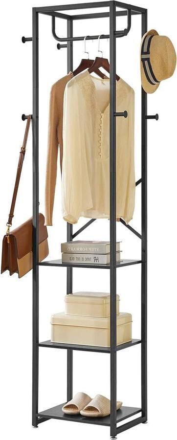 Coat Rack Freestanding with Shelves and 8 Hooks Industrial Clothes Stand for Entrance Hallway Bedroom 180x40x30cm Black halmeubel met kapstok