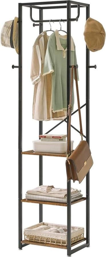 Vrijstaande kapstok met 3 planken en 8 haken Industriële kledingstandaard voor entree hal slaapkamer 180 x 40 x 30 cm Rustiek bruin TMJ088H kledingrek