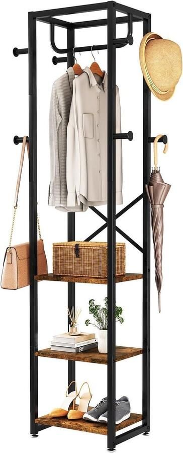 Freestanding Coat Rack with 3 Shelves and 8 Hooks Industrial Clothes Stand for Entrance Hallway Bedroom 180x40x30cm Rustic Brown