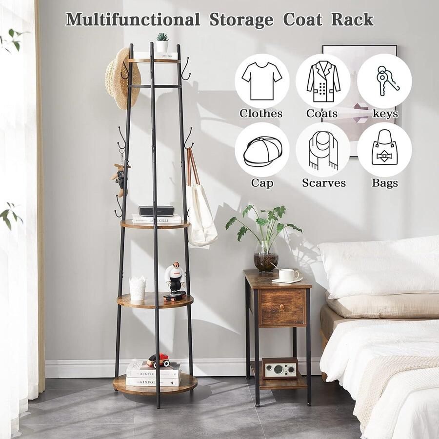 Coat Rack with 3 Shelves and 9 Hooks for Scarves Bags Umbrellas Steel Frame Industrial Freestanding Hallway Tree halmeubel met kapstok - Foto 2