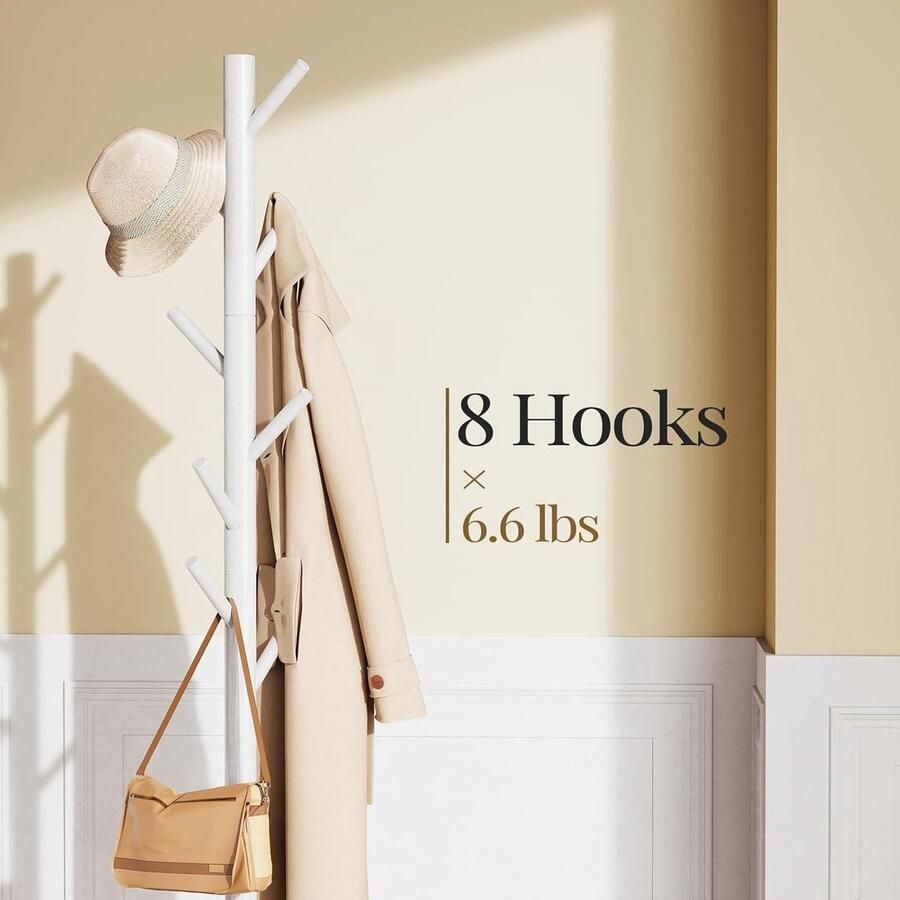 Vrijstaande kapstok met 3 verstelbare maten Stevige houten kapstok met 8 haken Kapstok voor hoeden Wit Voor slaapkamer kantoor gang