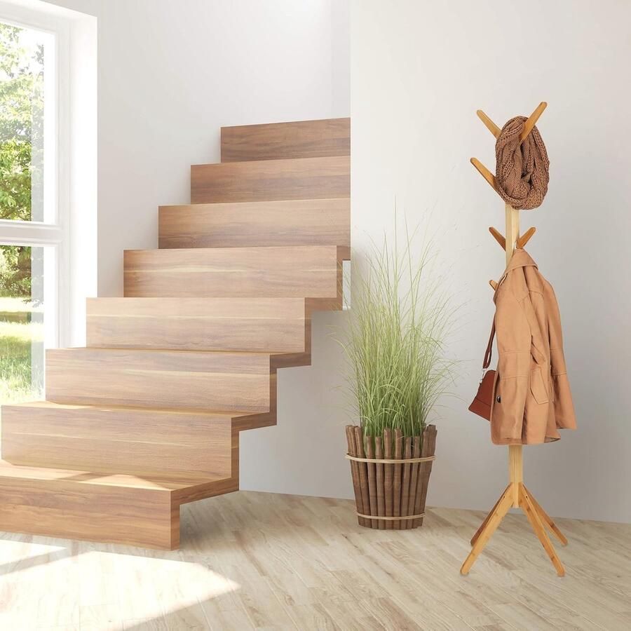 Vrijstaande kapstok met 8 haken en modern boomdesign Bamboe garderobestandaard