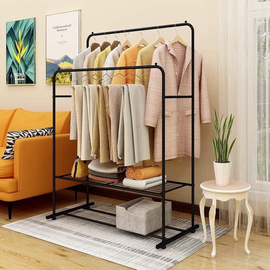 Vrijstaande kapstok met dubbele kledingroede en plank zwart metaal commerciële kwaliteit HTML content nodig kapstok hangend met plank