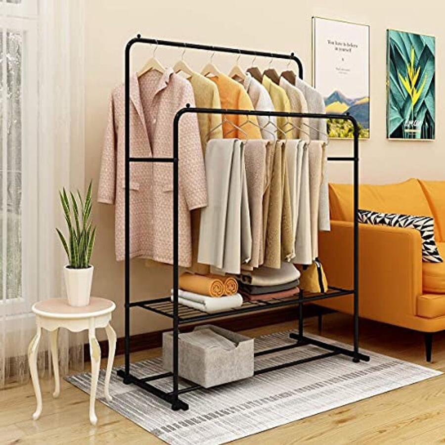 Vrijstaande kapstok met dubbele kledingroede en plank Zwart metaal