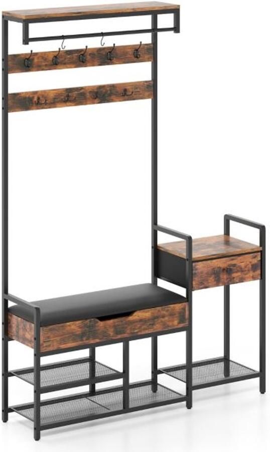 Vrijstaande Kapstok met Opbergbank 178 cm Schoenenrek met 12 Haken Lade en Plank in Rustiek Bruin