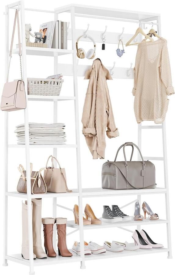 Vrijstaande Kapstok met Schoenenopslag en Bank – Industrieel Design 9 Haken & 5 Planken Wit