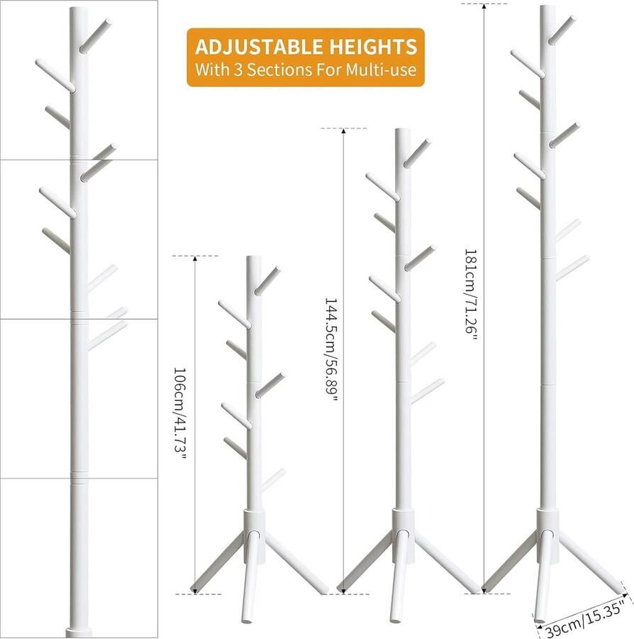 Vrijstaande Kapstok van Massief Hout met 8 Haken Moderne Kledingstandaard in Boomvorm