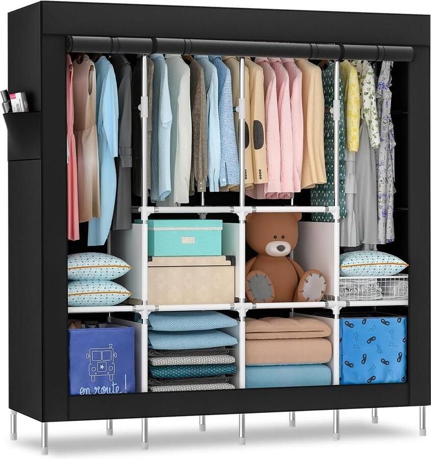 Vrijstaande kledingkast met Oxford-stoffen hoes 165 cm x 170 cm x 45 cm (zwart plus maat) Draagbare kleding opbergkast Kledingkast