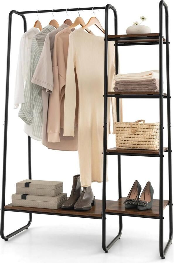 Vrijstaande Kledingrek met 4 Planken en Kledingstang Compact en Duurzaam voor Slaapkamer en Woonkamer