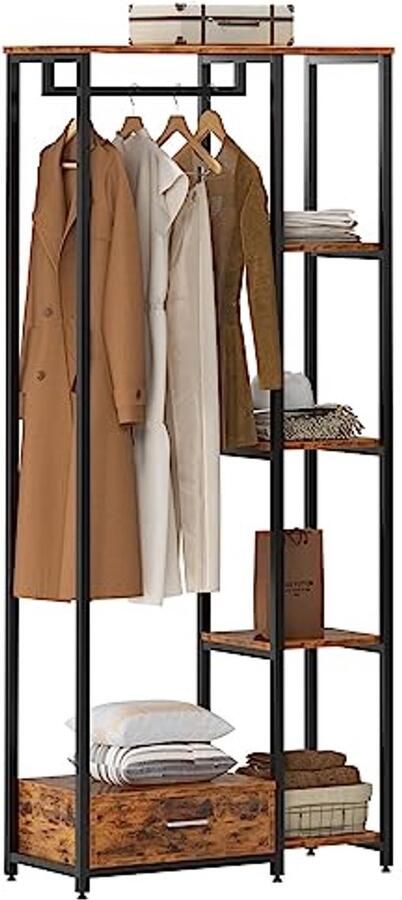 Vrijstaande Kledingrek met Kledingstang 4 Planken en 1 Lade Vintage Bruin 80 x 34 x 180 cm