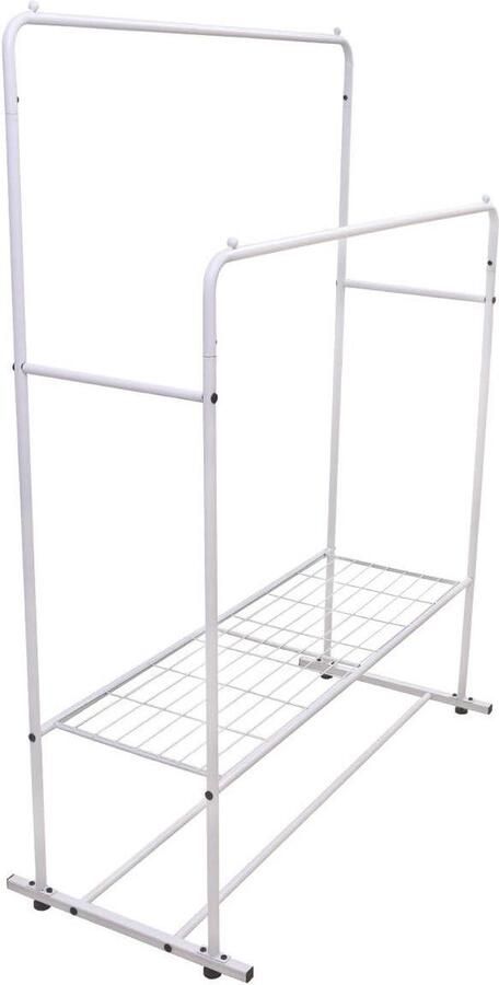 Vrijstaande Kledingstandaard Dubbele Ophangrail Hoogwaardig Metaal met Plank Commerciële Kwaliteit (Wit) Opvouwbare kledingrek
