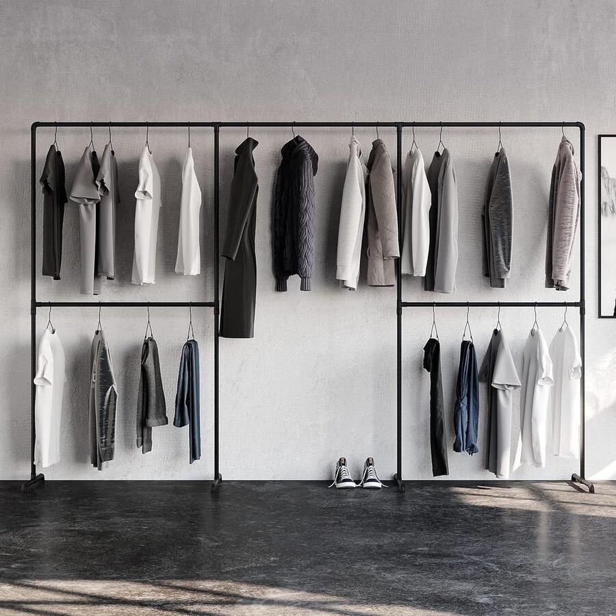 Vrijstaande kledingstang in industrieel loft design LAS III garderobe voor inloopbare kledingkast muur slaapkamer kledingrek zwarte stalen buizen kapstok hangend met plank