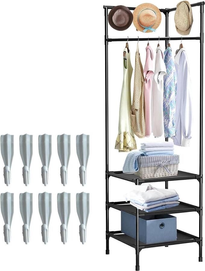 Vrijstaande metalen kapstok Hoekgarderobe met 10 haken en 3 opbergplanken Multifunctioneel kledingrek voor hal woonkamer Slaapkamer en kantoor