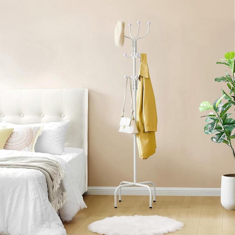 Vrijstaande metalen kapstok – Staande kleerhanger met 12 haken en stabiele 4-poots basis – Wit