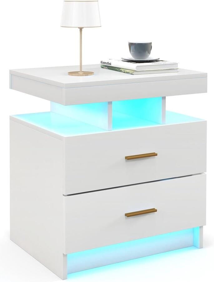 Nachtkastje met LED-verlichting en hoogglans afwerking Bijzettafel met 2 laden en instelbare kleuren voor slaapkamer en woonkamer