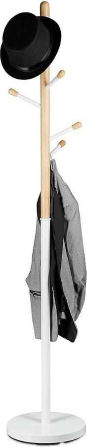 Vrijstaande witte kapstok met 6 haken hout en metaal 180 cm hoog