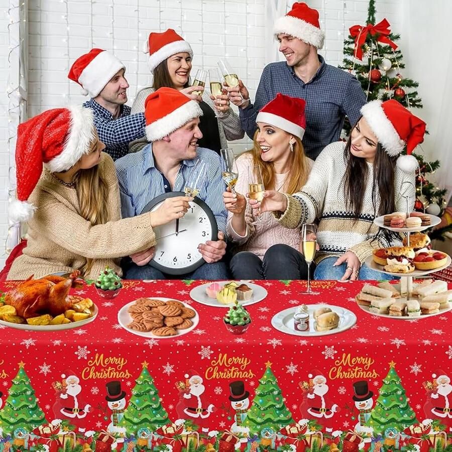 Vrolijk Kerstfeest Tafelkleed Sneeuwvlokken en Kerstman Set van 4 220 x 130 cm