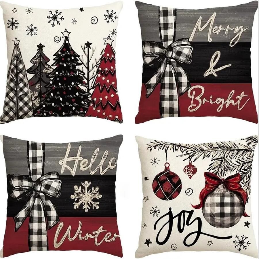 Vrolijk Kerstfeest Vreugde Kerstbomen Rode Sierkussenhoezen 45 x 45 cm Kerst Winter Vakantie Kussenhoes Decoratie voor Bank Set van 4