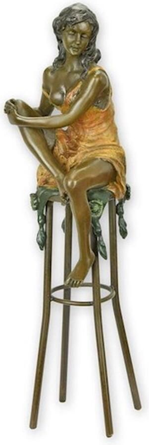 Vrouw op Barkruk Bronzen Beeld Erotisch Beeldje Ontblote Dame Brons Sculptuur Kunst Decoratie 8x8x26
