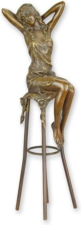 Vrouw op Barkruk Bronzen Beeld Kunst Sculptuur Brons Beeldje Vrouw op Stoel Interieur Kunstwerk Decoratie 10x9x26