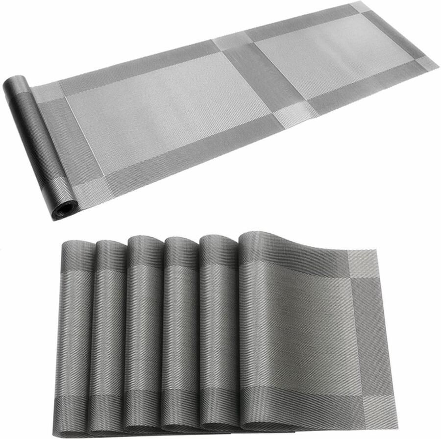 Vuilafstotende placemats en tafelloper 7 stuks zilvergrijs pvc