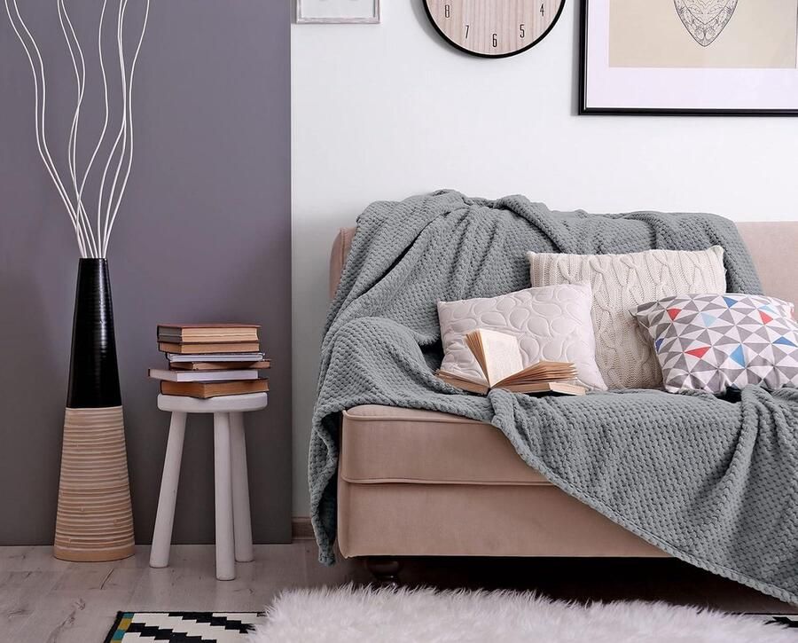 Wafel Flanellen Fleece Nerts Plaid Bank Sprei Reisdekens Honingraat Super Zacht Lichtgewicht Warm Gezellig Grote Maat Enkel Dubbel King Bewolkt Grijs Dubbel (152 x 203cm)