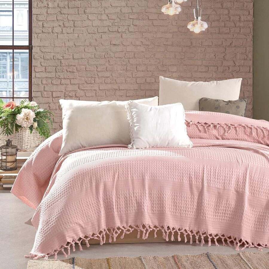 Wafel Katoenen Plaid Roze Grote Sprei voor Bed en Bank 240 x 220 cm