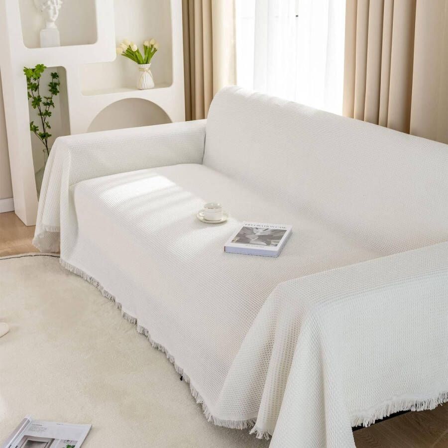 Wafeldeken voor de bank 180 x 300 cm grote 3-zitsbank veelzijdige woondeken als bankdeken bankovertrek sprei met decoratieve kwastjes wit
