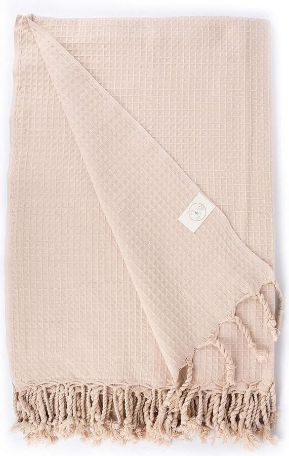 Waffle XXL 100% Katoenen Turkse Handdoek Peshtemal Hoes voor Bed en Bank OEKO-TEX Gecertificeerd 60 x 82 Inches Beige
