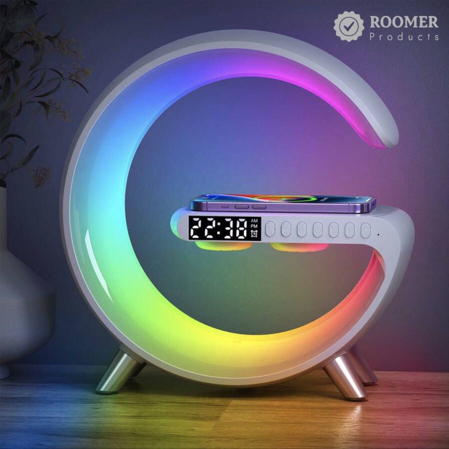 Wake Up Light Met Draadloze Oplader Lichtwekker Bureaulamp LED Light Bluetooth Speaker Nachtlamp Digitale Wekker Wit