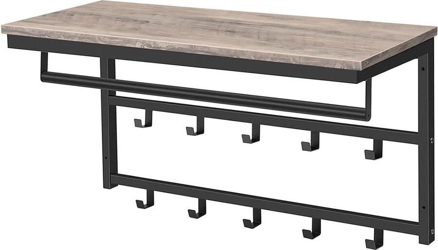 Wall Cabinet with Shelf and 10 Hooks Industrial Style Hat Hanging Shelf 80 x 30 x 42 cm for Hallway Living Room Bedroom Greige-Black