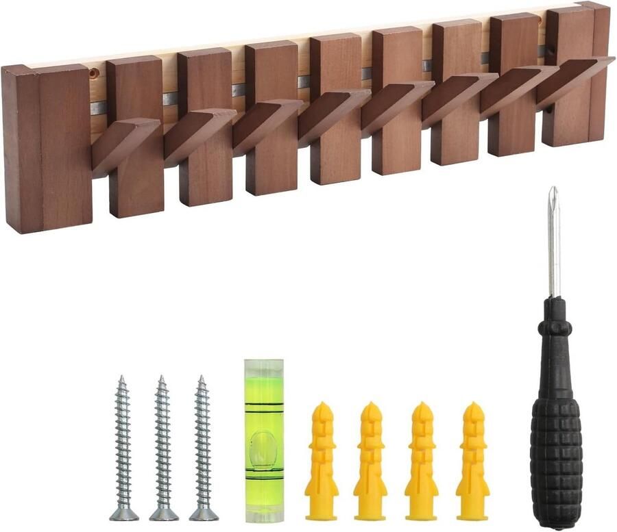 Allecto Plus Kapstok met meerdere haken voor jassen en sjaals Wandgemonteerd houten design Ruimtebesparend opbergrek met 8 neerklapbare haken Inclusief portemonneehouder