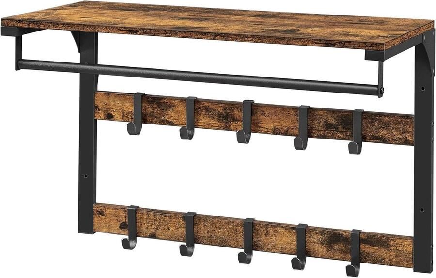 Wall Coat Rack with Shelf 10 Removable Hooks Hanging Shelf Mounted Clothes Rod for Hallway Bedroom Bathroom Vintage Brown Black LCR201B01