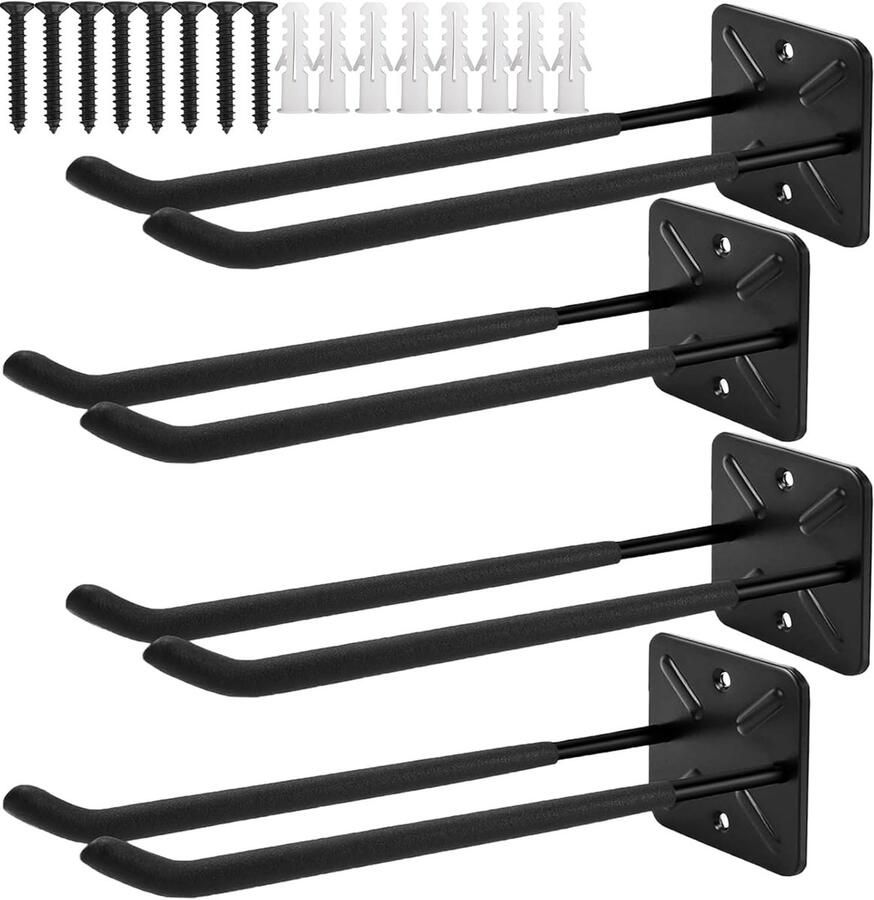 Wall Hooks voor Garage Heavy Load Garage Hooks 4 Stukken Dubbele Haken Garage Opslag Haken voor Organiseren Ladder Stoel Tuinslang Fietsen Gereedschappen Laadcapaciteit 80