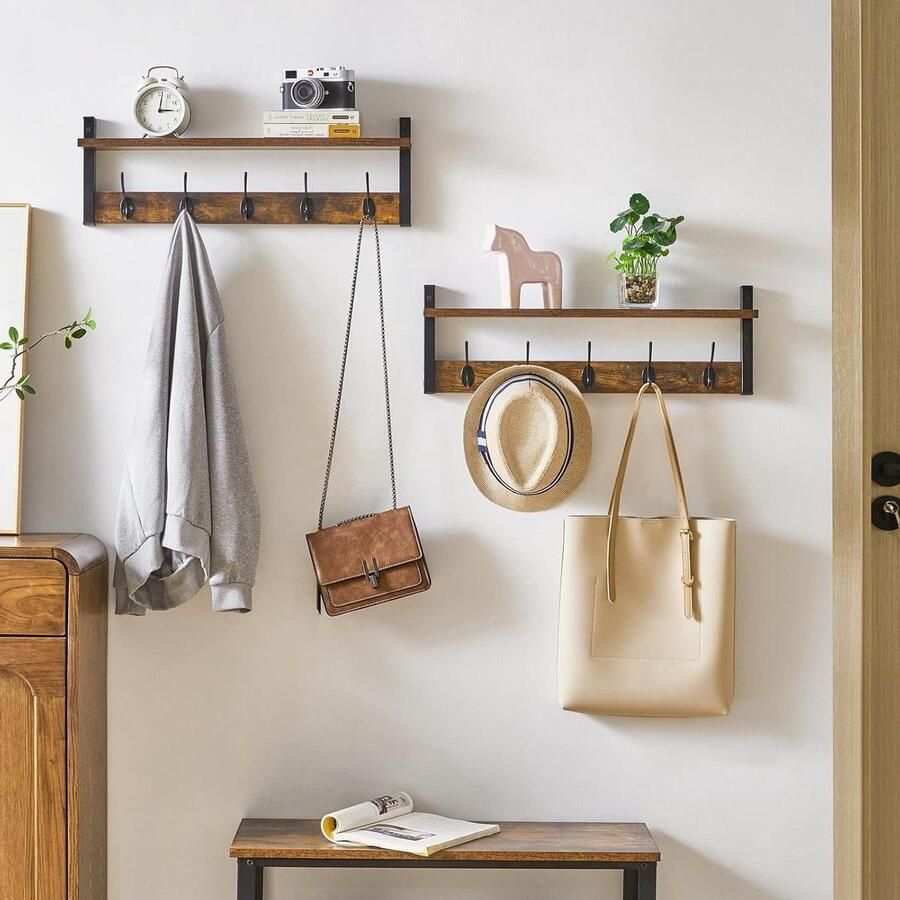 Wall Mounted Coat Rack Hooks Set of 2 Entrance Coat Rack Hanger with 10 Hooks and Floating Shelf Rustic Brown 120×11×19.5cm