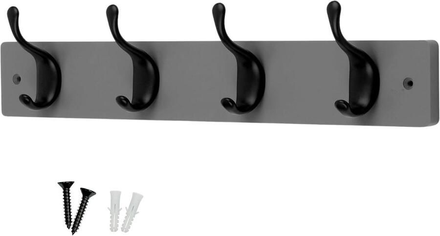 Wall Mounted Coat Rack with Matt Black Hooks on Wooden Base (Grey Matt Black 4 Hooks)