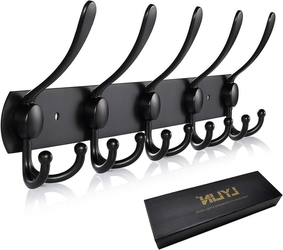 Wall-Mounted Coat Rack with 15 Hooks Stainless Steel Black 15 kg Load Capacity