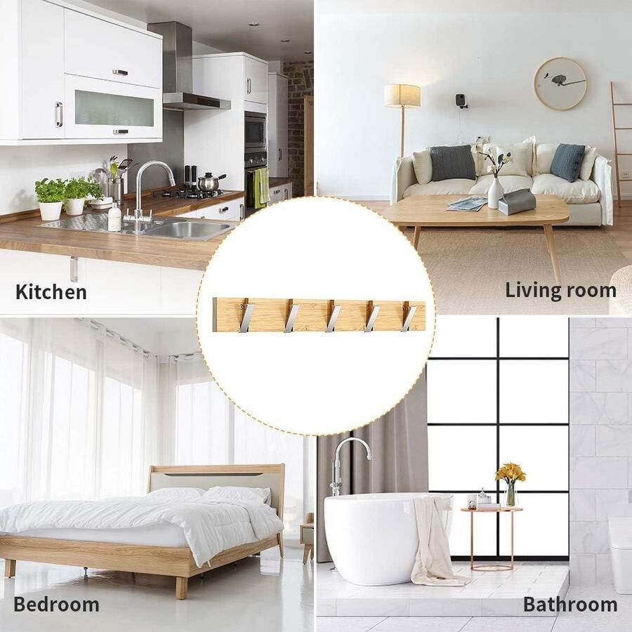 Wall mounted coat rack with 5 hooks and retractable hat holder bamboo shelf Silver