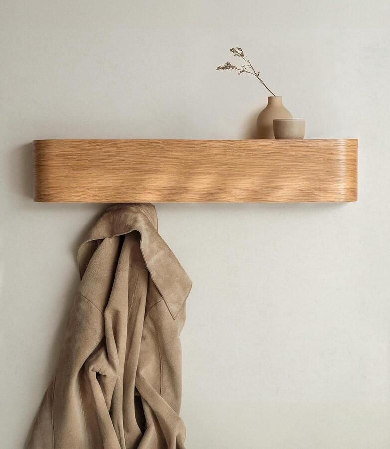 Wall Mounted Coat Rack with Hidden Wall Hooks Panel of Solid Wood Veneer Oak Finish