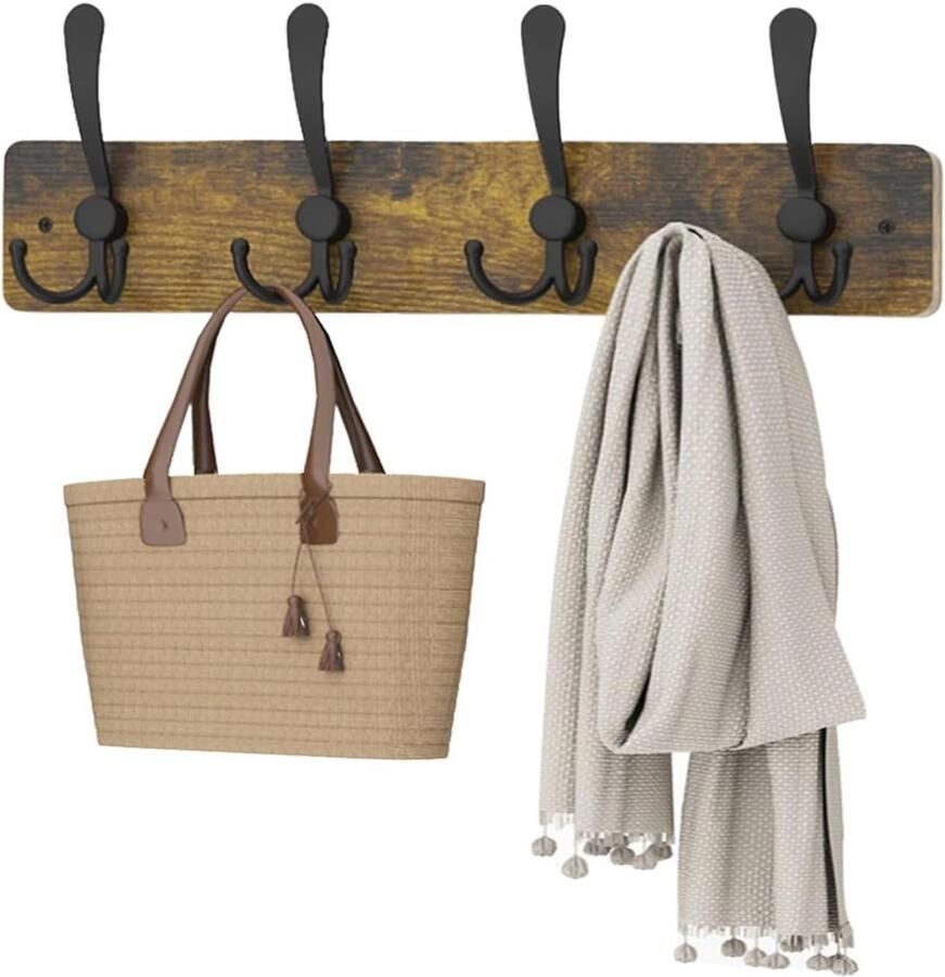 Wall Mounted Coat Rack with Hooks Heavy Duty Solid Wood Length 42cm For Hat Towel Bag Robes Purses Clothes Rustic Brown