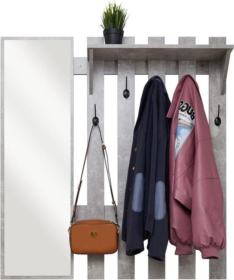 Wall Mounted Coat Rack with Mirror Hook Rack Industrial Style for Hallway 5 Hooks 100x22x106cm (Grey) halmeubel met kapstok