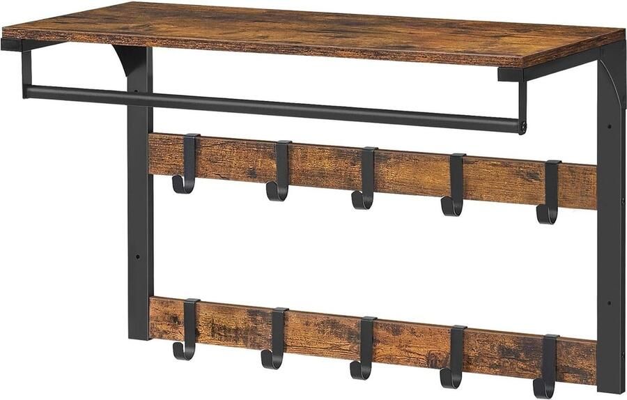 Wall Mounted Coat Rack with Shelf Wall Shelf with 10 Removable Hooks Hanging Shelf Wall Mounted 2 Coat Racks Clothes Rail for Hallway Bedroom Bathroom Vintage Brown Black