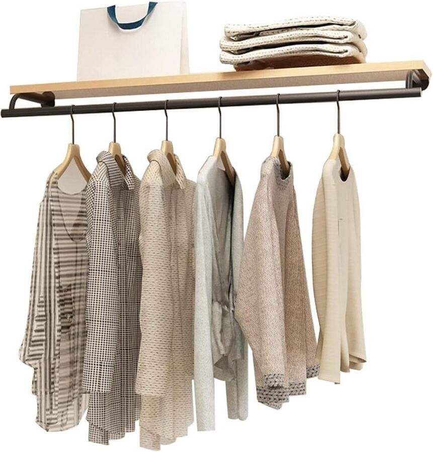 Wall Mounted Coat Rack with Wooden Shelf 80cm Black Metal Hanging Rail and Storage for Entrance Hallway Bedroom Bathroom Living Room