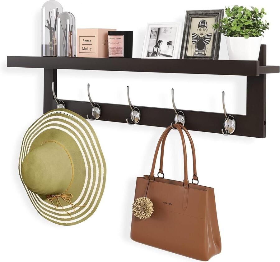Wall Mounted Coat Racks with Shelf 29 Bamboo Hanging Shelf with 5 Double Metal Hooks for Bathroom Bedroom Kitchen Living Room Mudroom (Dark Brown)
