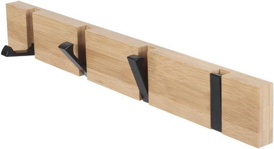 Wall Mounted Foldable Bamboo Coat Rack with 4 Retractable Metal Hooks Wood Color