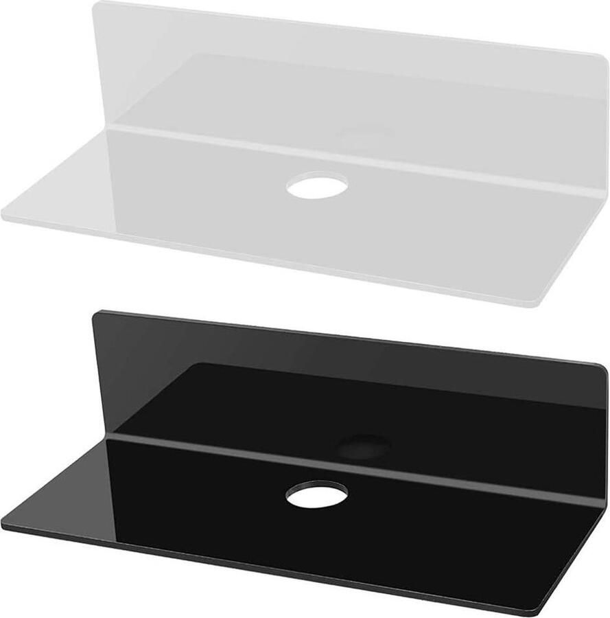 Zwevende planken wandrek acryl kabelhaak kabelgat wekkers planten luidsprekers wit en zwart Wandrek