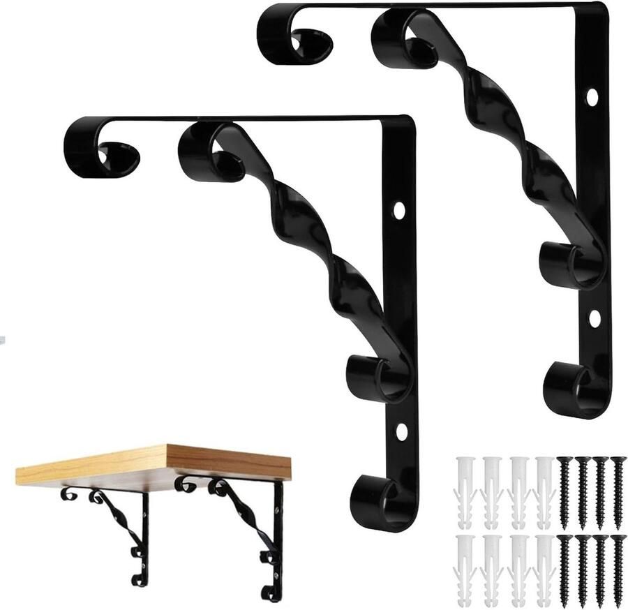 Wall Shelf Houder Metalen Houder voor Wandrek Bevestiging Pack van 2 Zwart Hoekrek met Zware Belasting voor Keuken Badkamer Woonkamer Handige Organizer voor Thuis Wandgemonteerde Houder 90 Graden